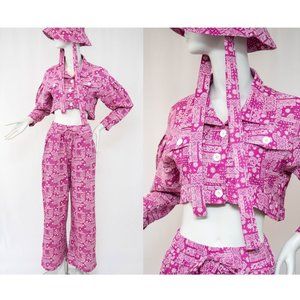 Women's Three Piece Paisley Pink Pattern Crop Jacket and Loose Pants Handmade